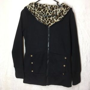 Aibeili Black Hoodie Sweatshirt Leopard Liner Med
